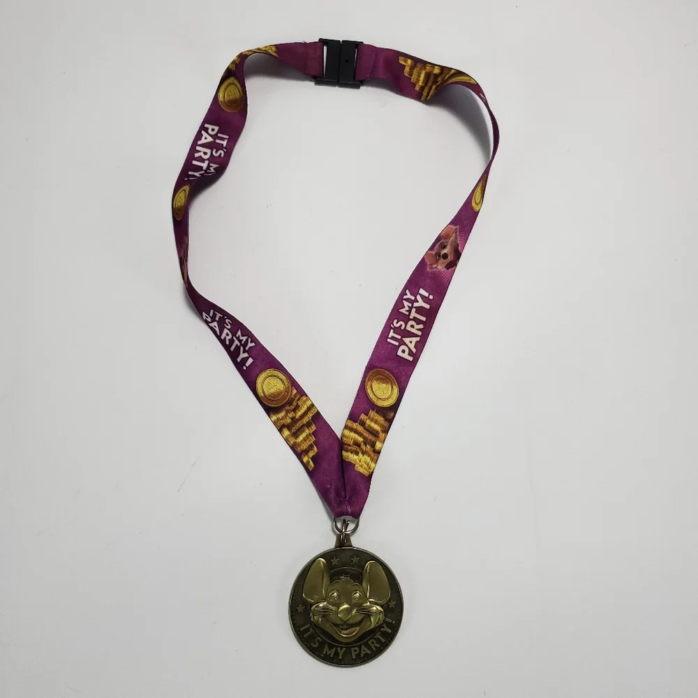 Chuck E. Cheese It's My Party Bronze Tone Coin Medallion & Lanyard